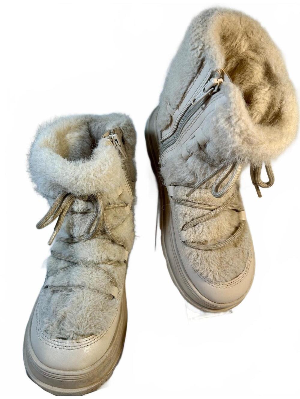 Zara Faux Fur Boots Womens 36 Cream Lace Up Zip Y2K Après Ski Snow Bunny